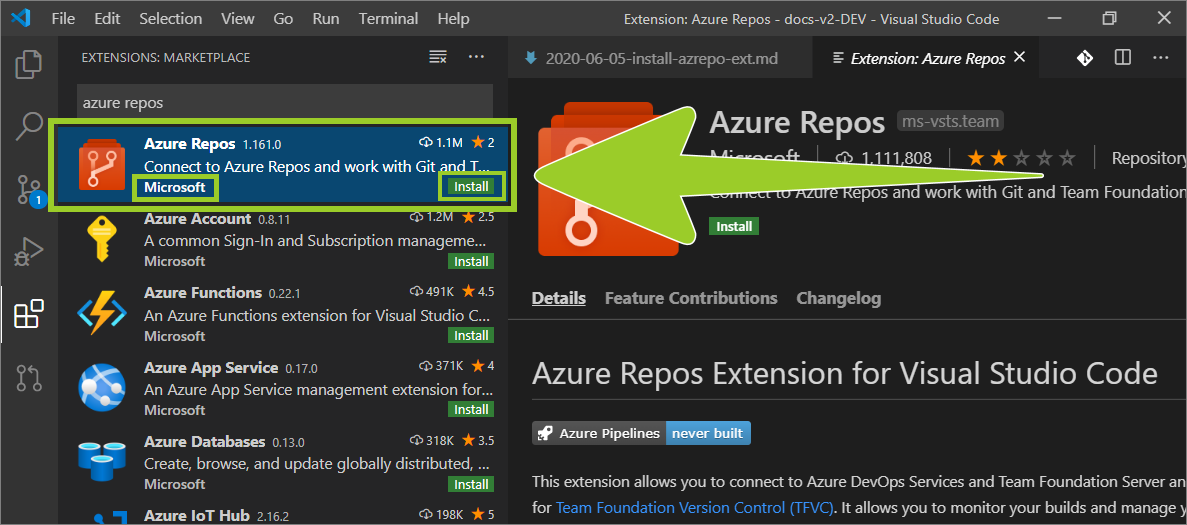 Install button inside the Microsoft Azure Repos extension information panel in VSC