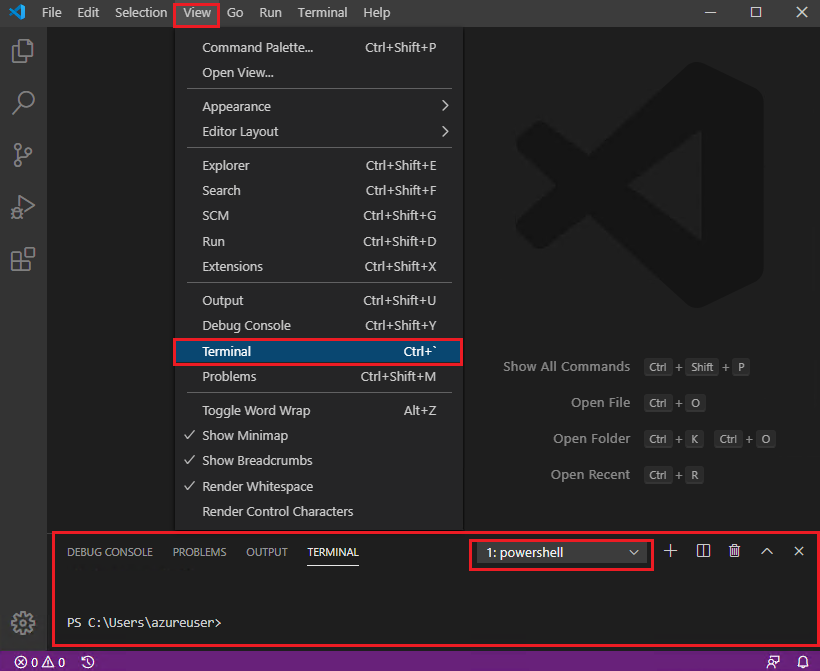 VSC terminal window opened using the top menu in VSC