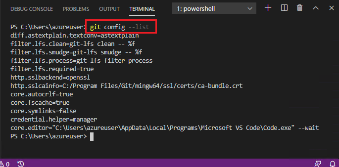 VSC terminal running the command 'git config --list' with the Git email and username values missing