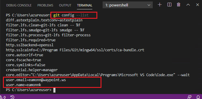 VSC terminal running the command 'git config --list' with the Git email and username values now present