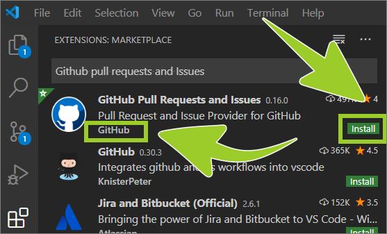 Install button inside the Github pull requests and Issues extension information panel in VSC