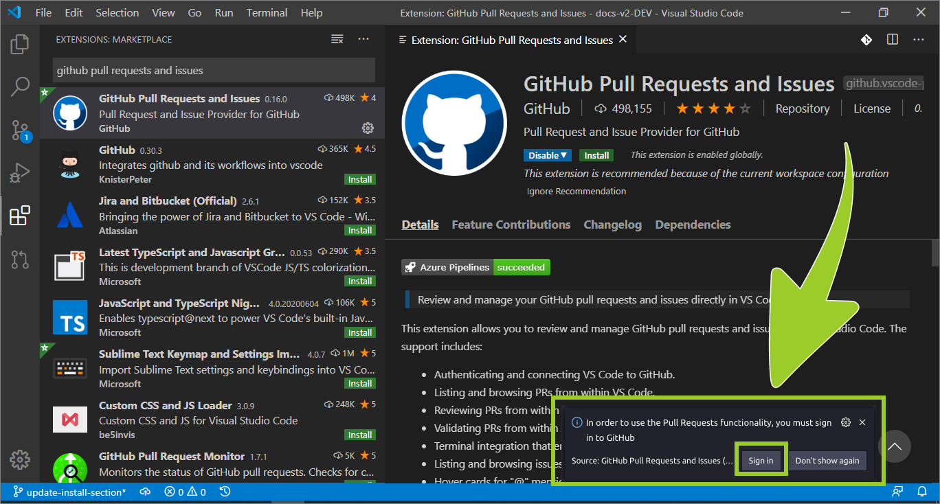 Sign in to GitHub dialog box from the Github pull requests and issues vsc extension installer