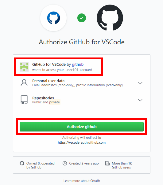 The Authorize GitHub for VSCwebpage with an example GitHub user account