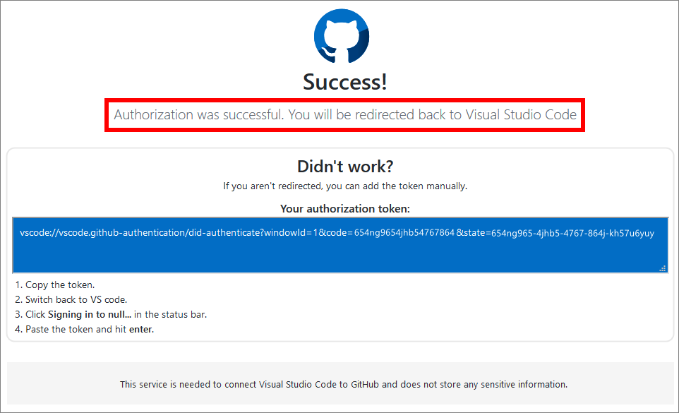 Webpage confirming that VSC was authorized to connect to GitHub successfully