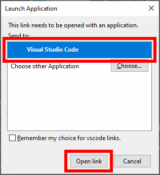 Launch Application dialog box with VSC selected