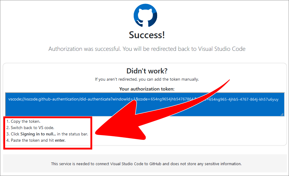 Webpage with instructions for adding an authorization token to VSC manually