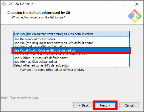 The SCM Git client installer prompt to choose the default editor used by Git