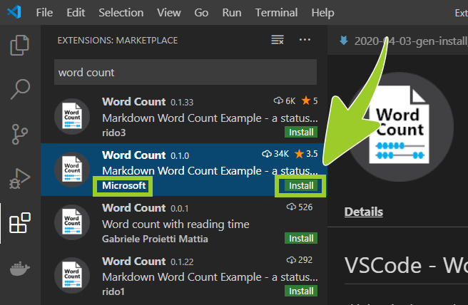 Install button inside the Microsoft Word Count extension information panel in VSC