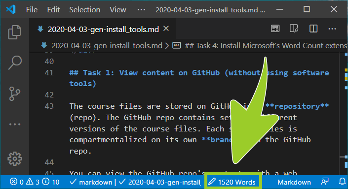 VSC status bar indicating the total number words in an opened file