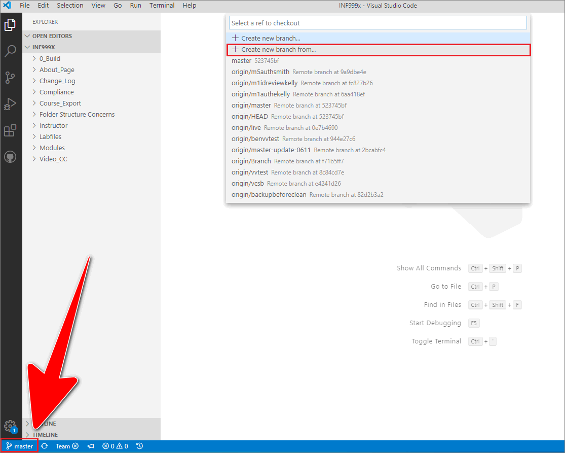 The 'Branch' icon in the VSC status bar, and the 'Create new branch' menu option