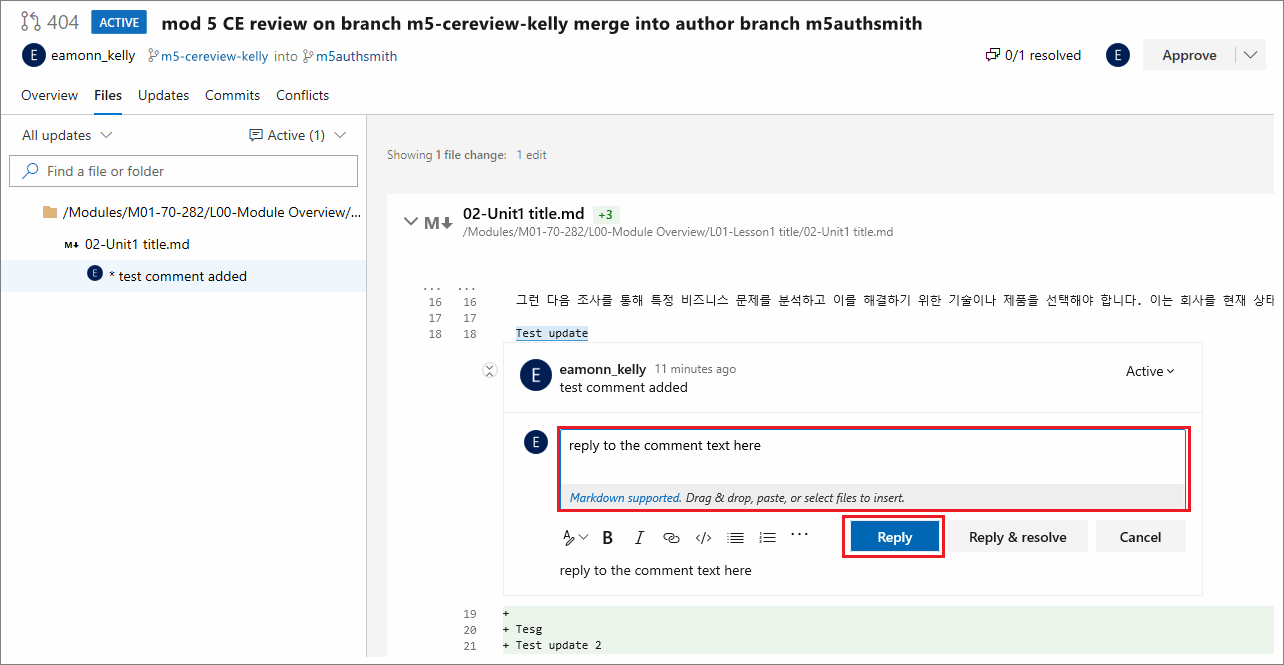 Example reply to a comment in AzDevOps