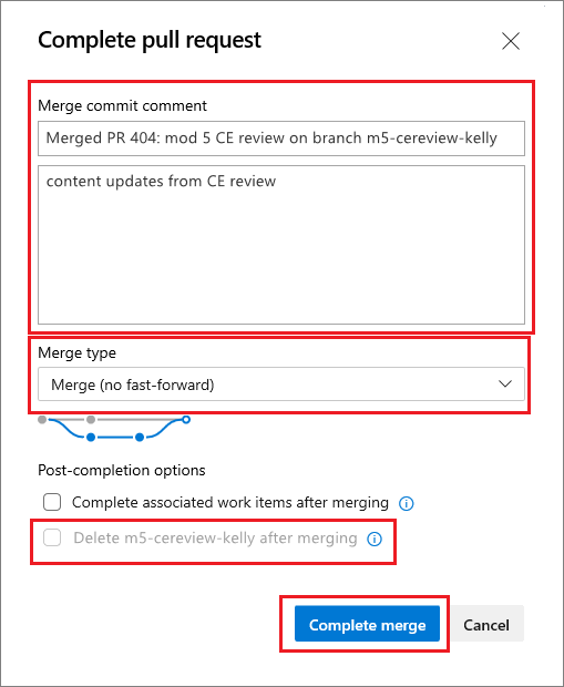 The 'Compete pull request' pane in AzDevOps