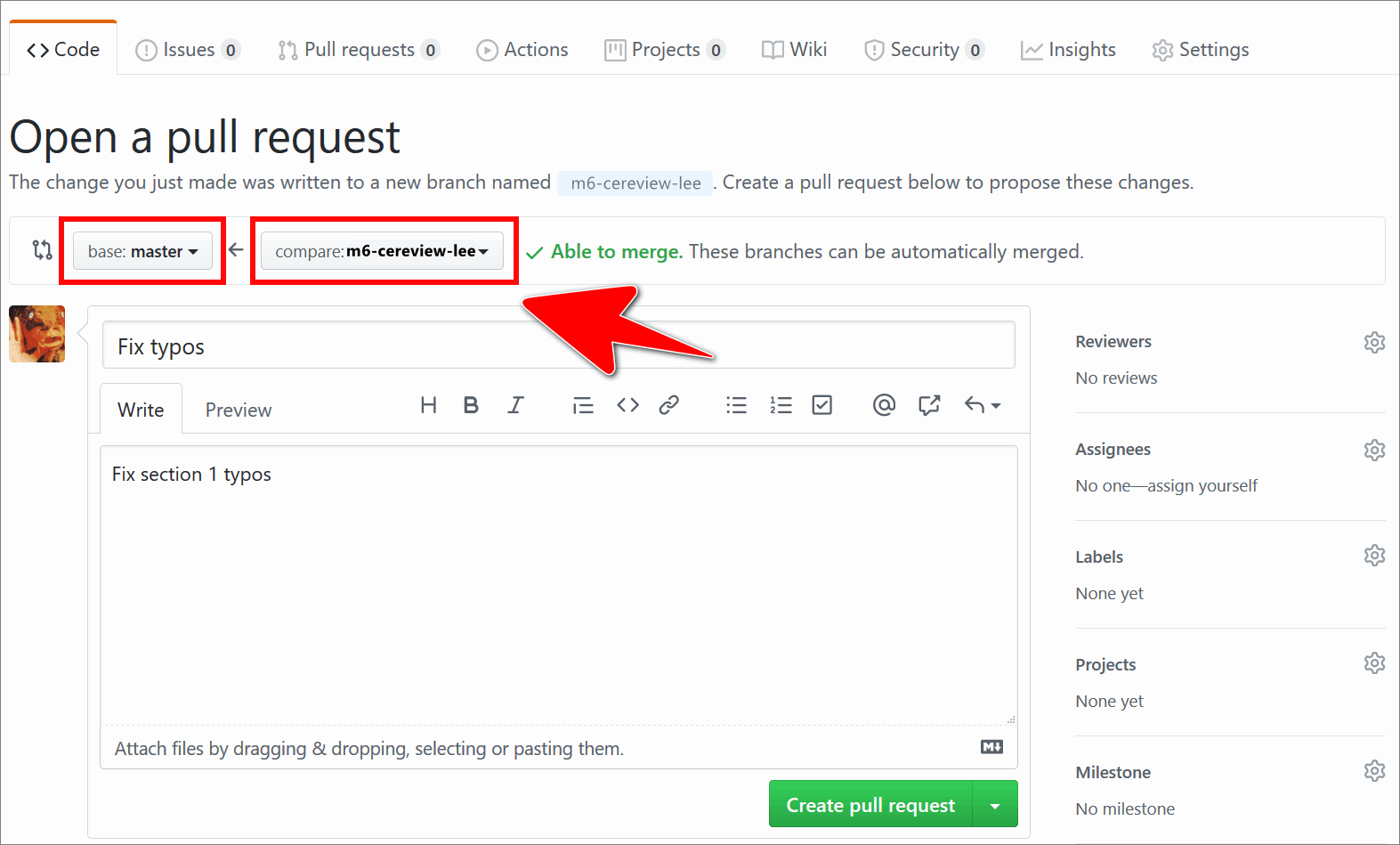 Branch configuration on the GitHub 'Open a pull request' page