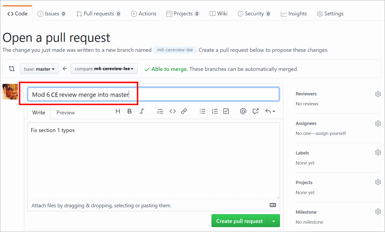 PR title text field on the GitHub 'Open a pull request' page