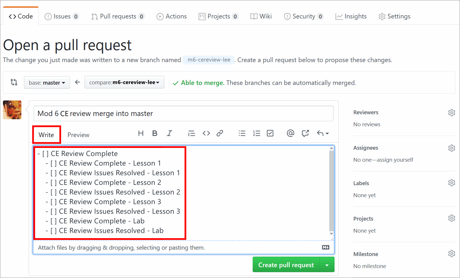 Checklist in the 'Write' tab on the GitHub 'Open a pull request' page