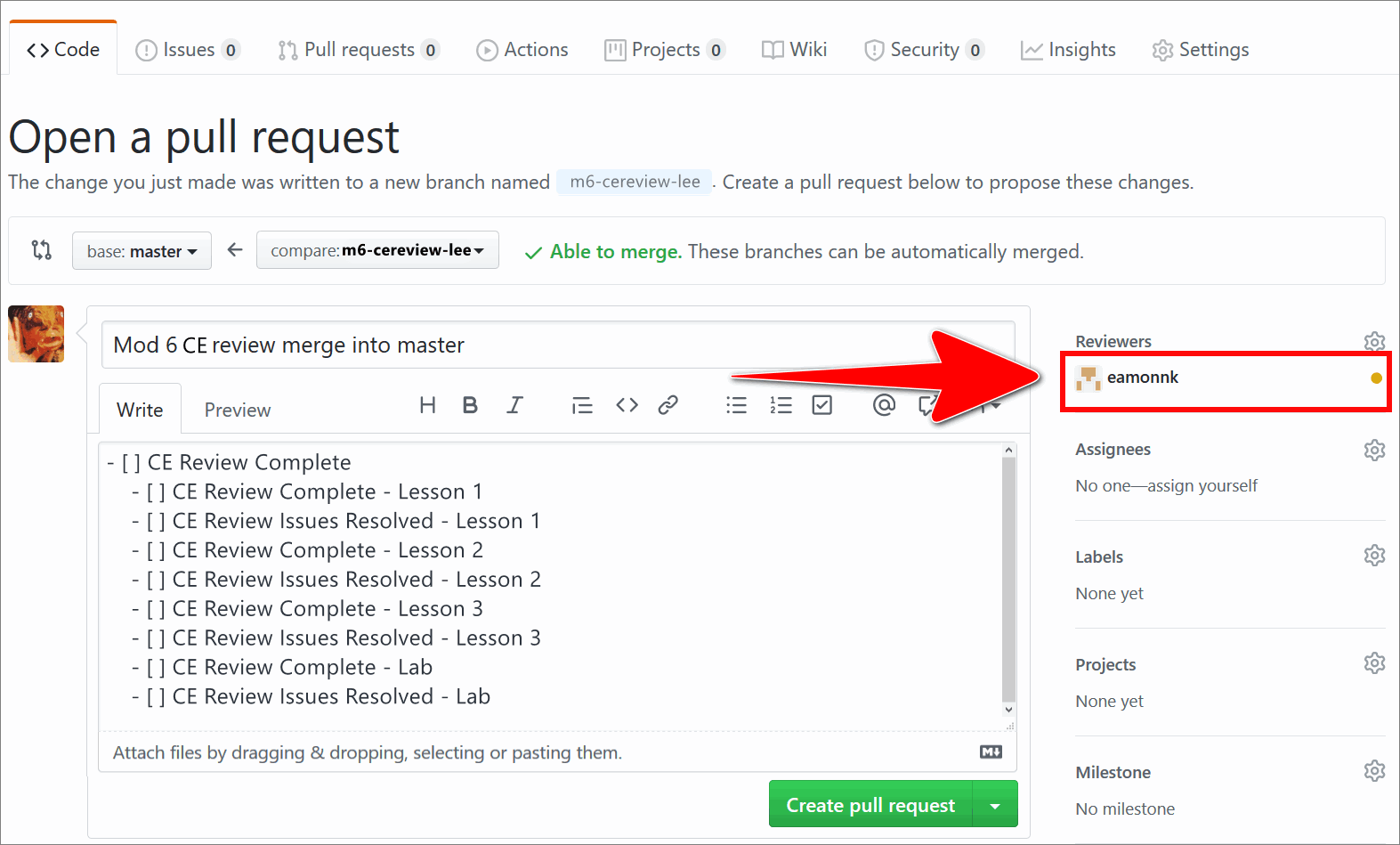 GitHub user added as a reviewer to a PR on the GitHub 'Open a pull request' page