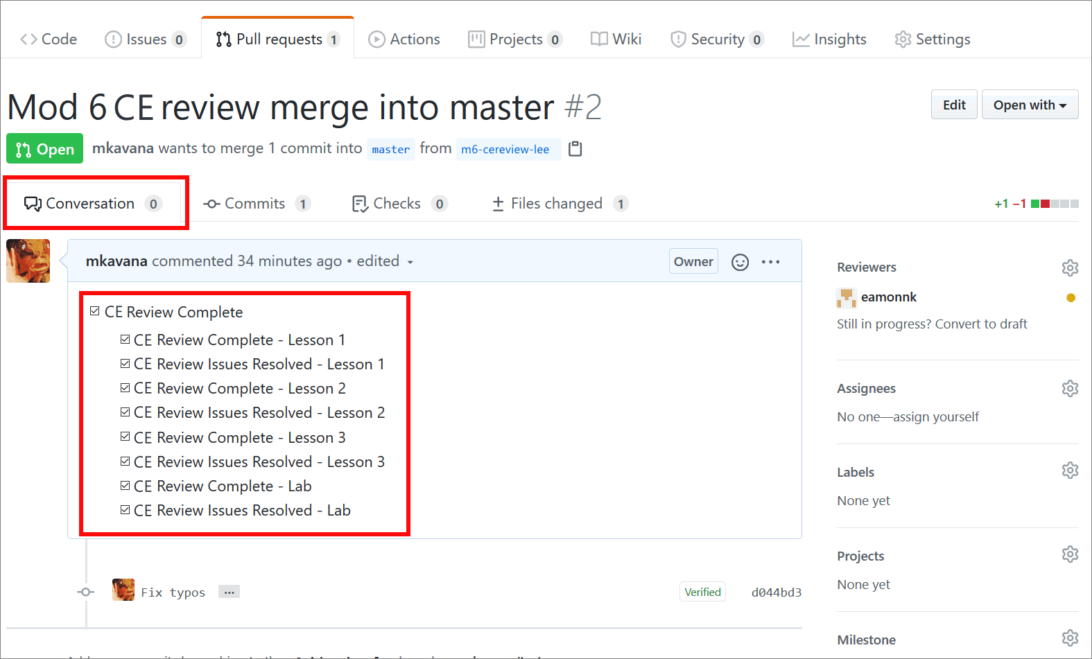 Checklist in the 'Conversation' tab on the GitHub 'Open a pull request' page indicating a review has been completed