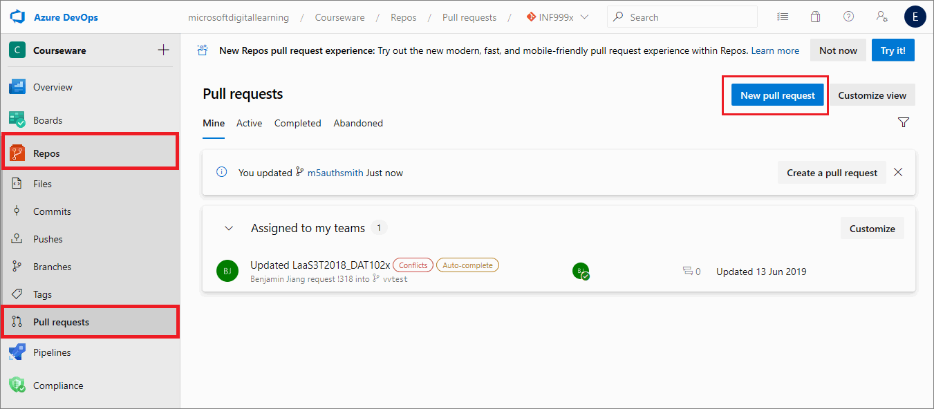 The 'New pull request' button on AzDevOps