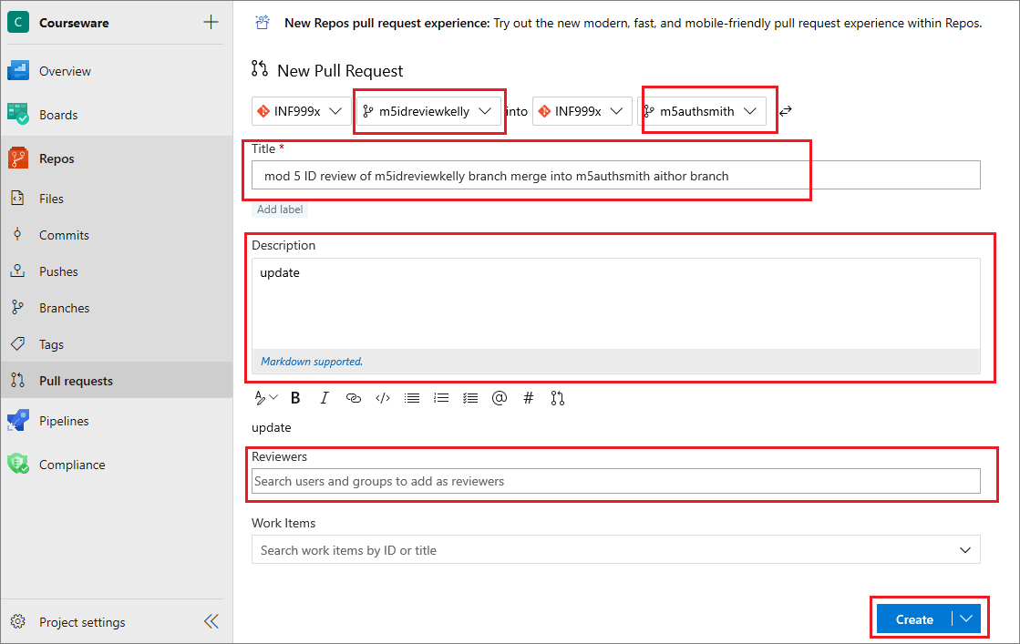 The 'New pull request' configuration page on AzDevOps