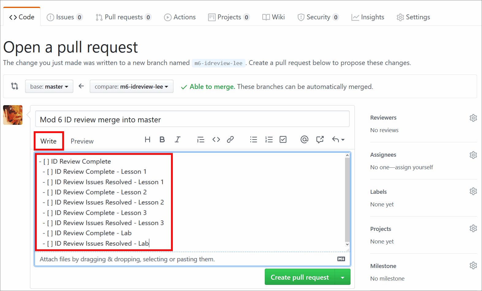 Checklist in the 'Write' tab on the GitHub 'Open a pull request' page