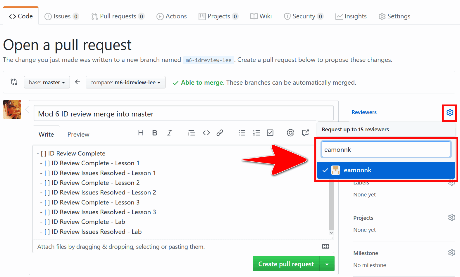 GitHub username in the add reviewer text entry field on the GitHub 'Open a pull request' page