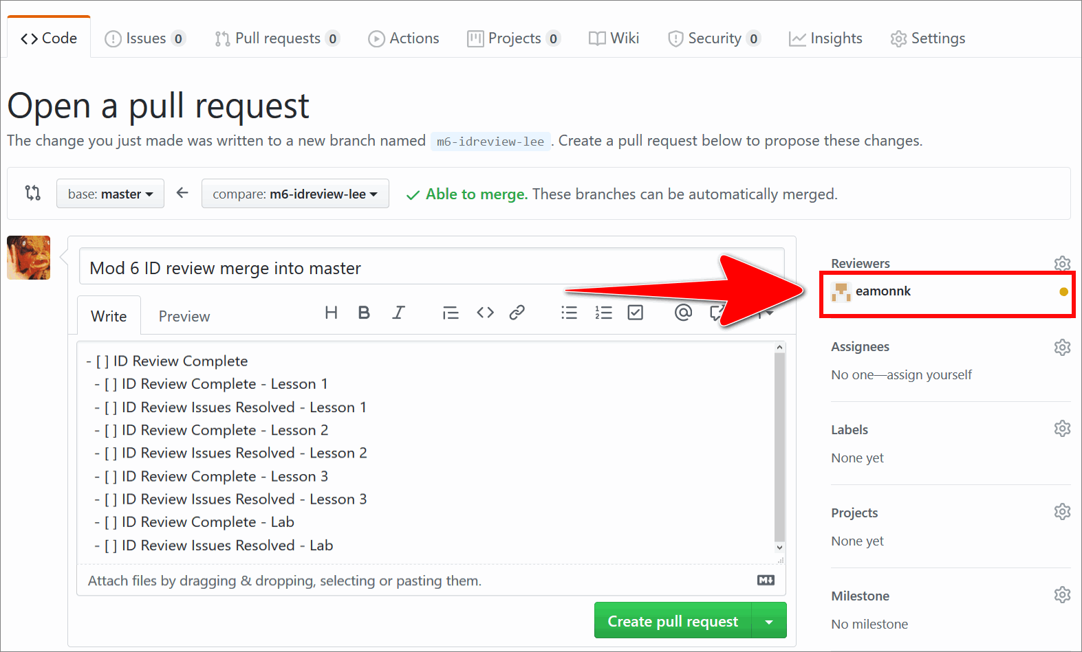 GitHub user added as a reviewer to a PR on the GitHub 'Open a pull request' page