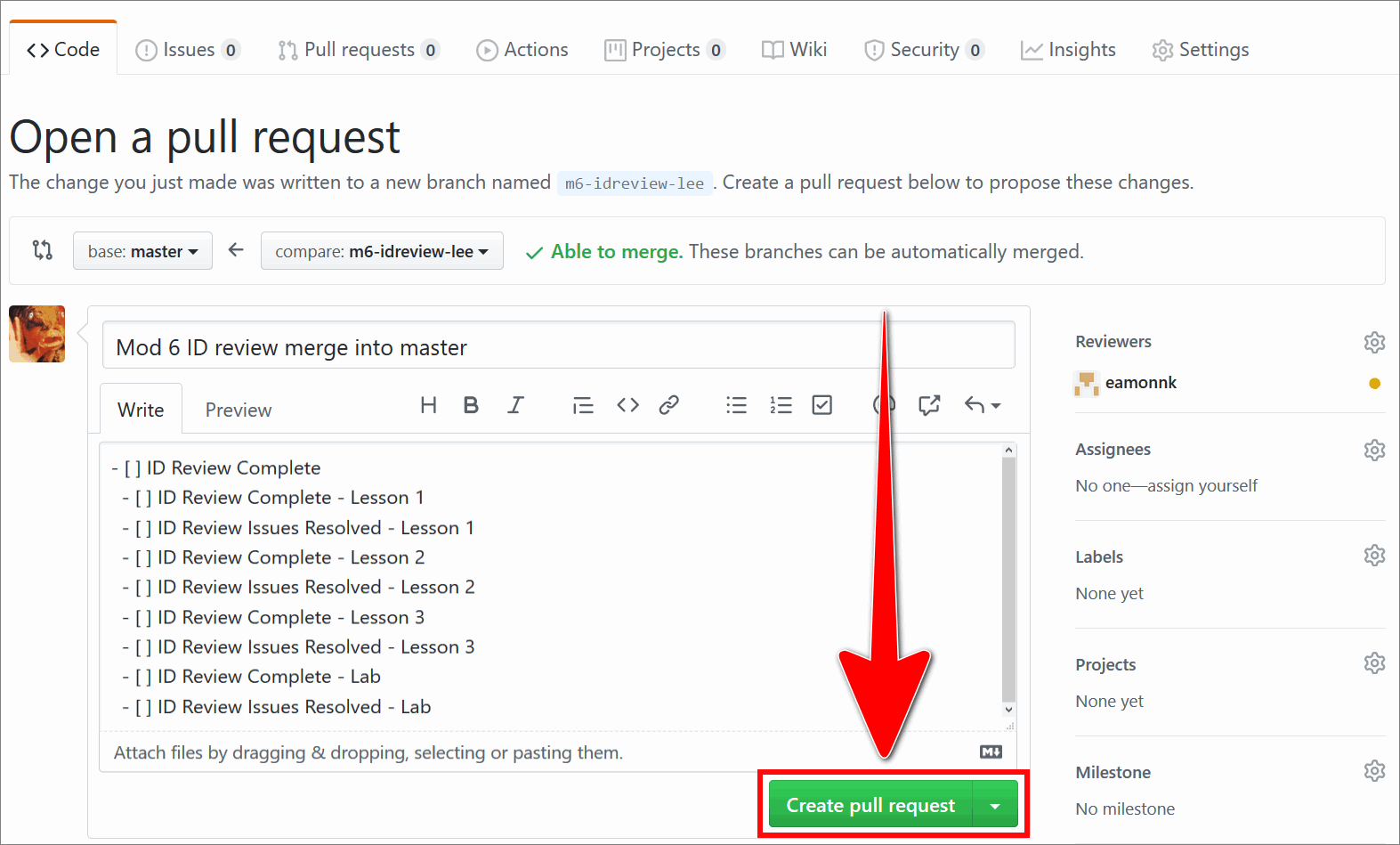 Create pull request button on the GitHub 'Open a pull request' page