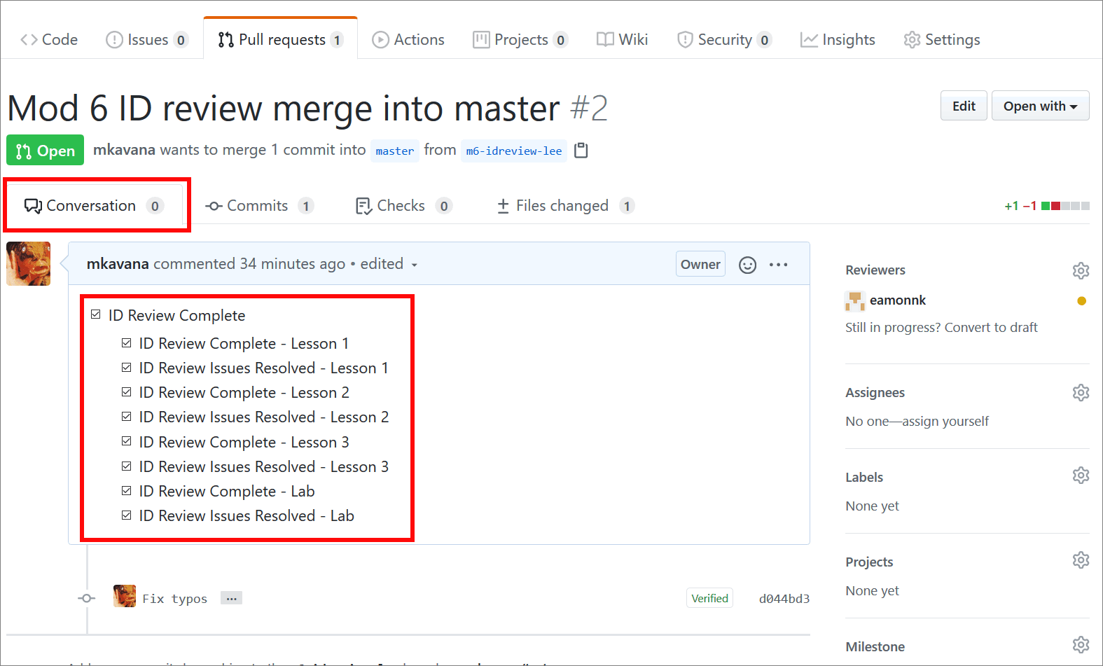 Checklist in the 'Conversation' tab on the GitHub 'Open a pull request' page indicating a review has been completed