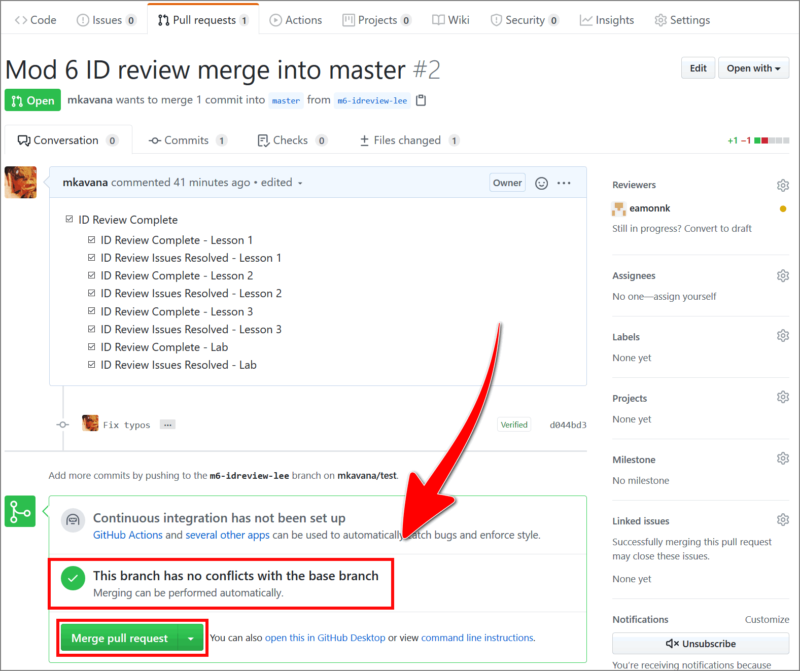 Merge pull request button on the GitHub 'pull requests' page