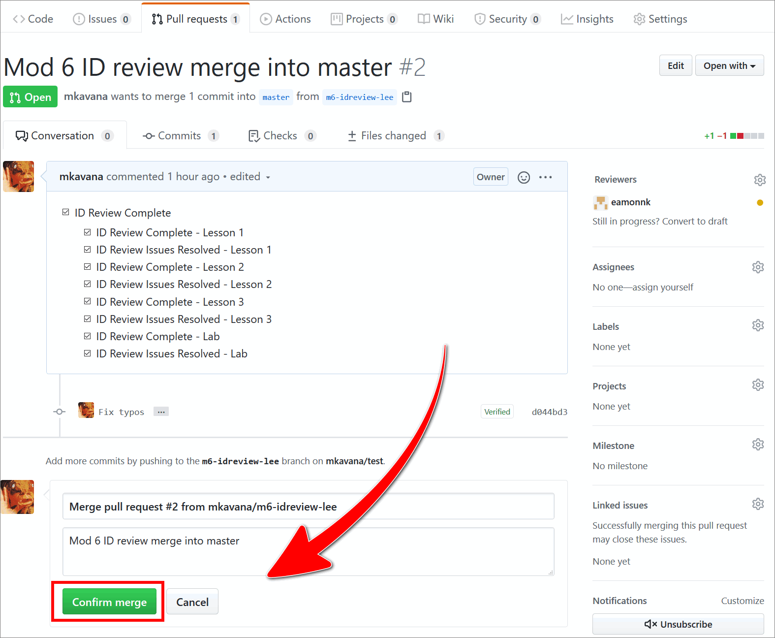 Confirm merge button on the GitHub 'pull requests' tab