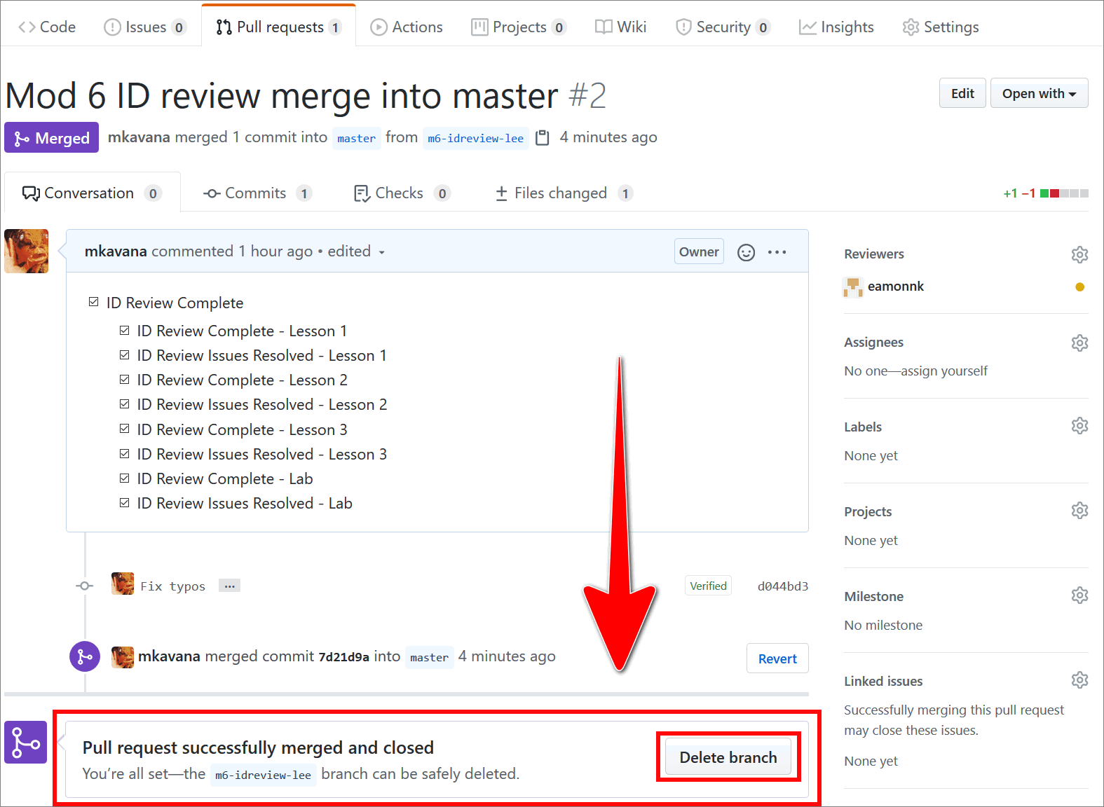 Delete branch button on the GitHub 'pull requests' tab