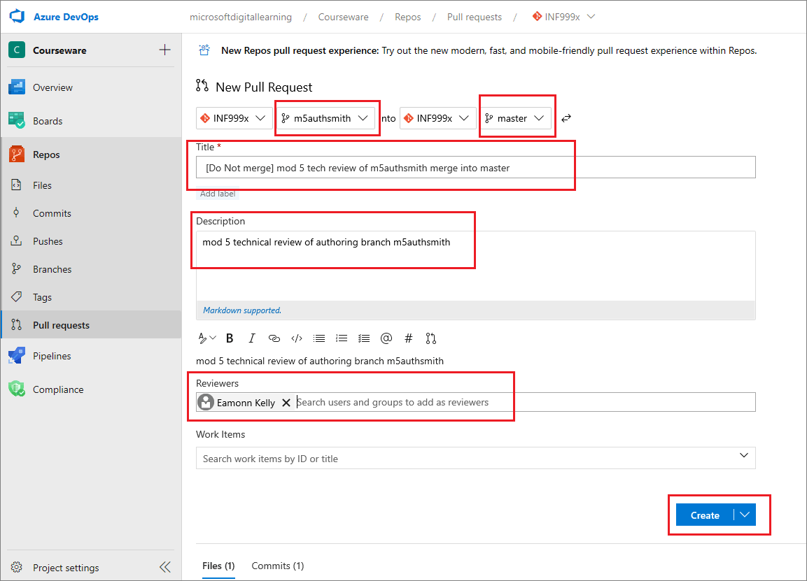 Azure DevOps new pull request page