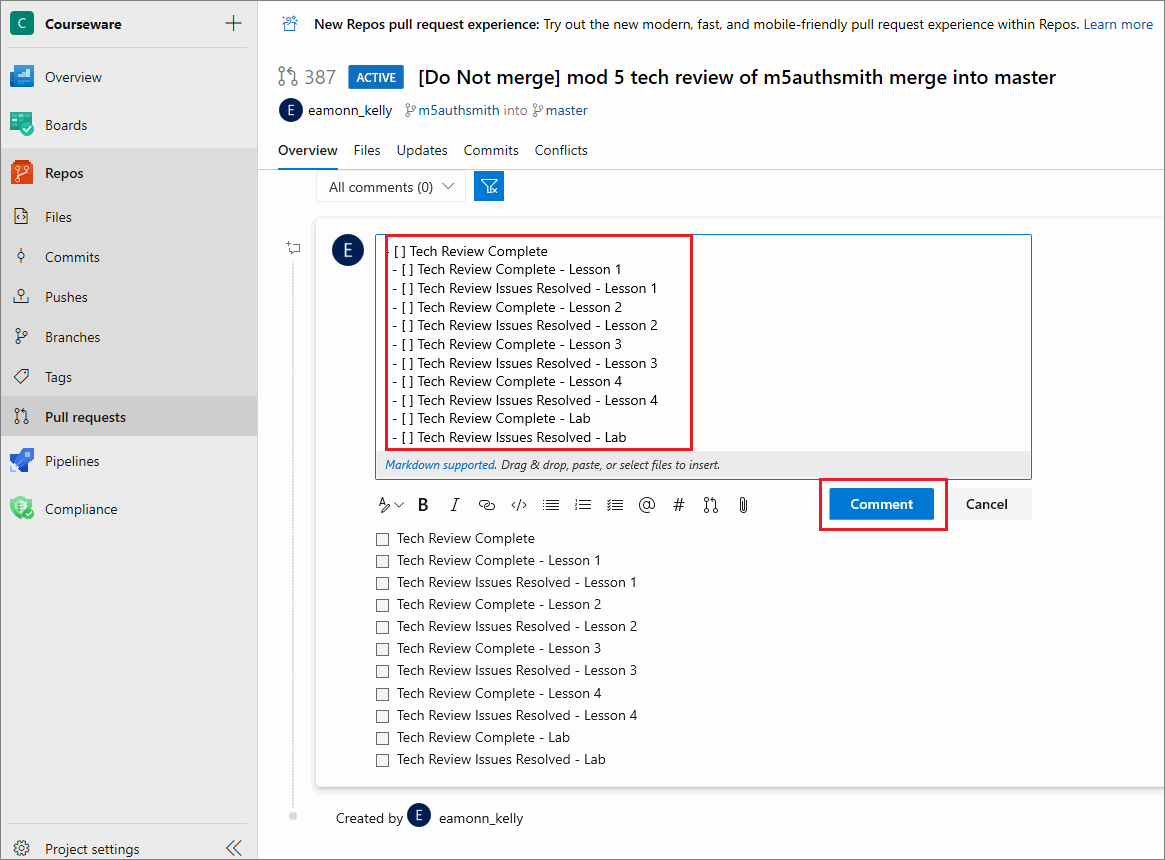 Example checklist in an Azure DevOps pull request