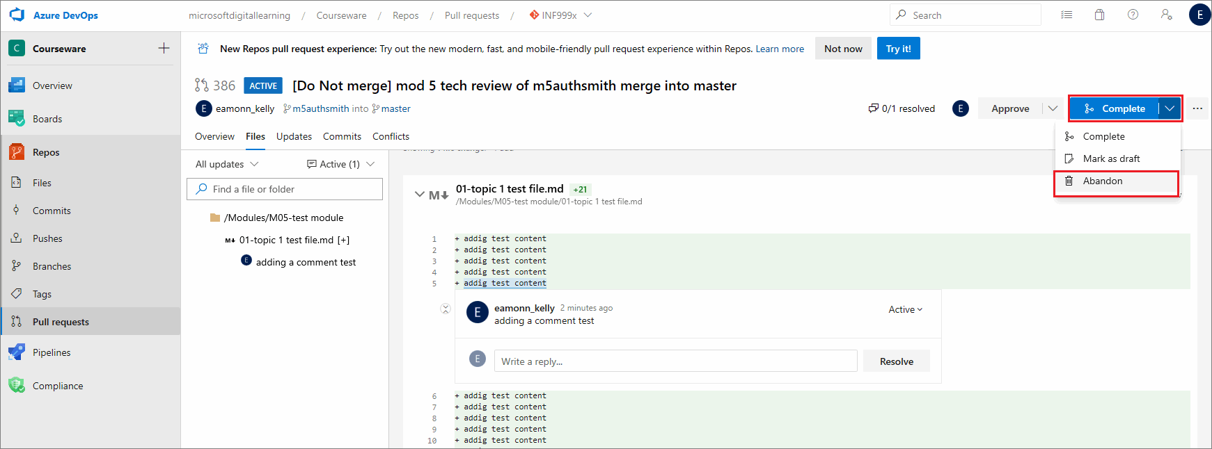 Abandon pull request option on Azure DevOps