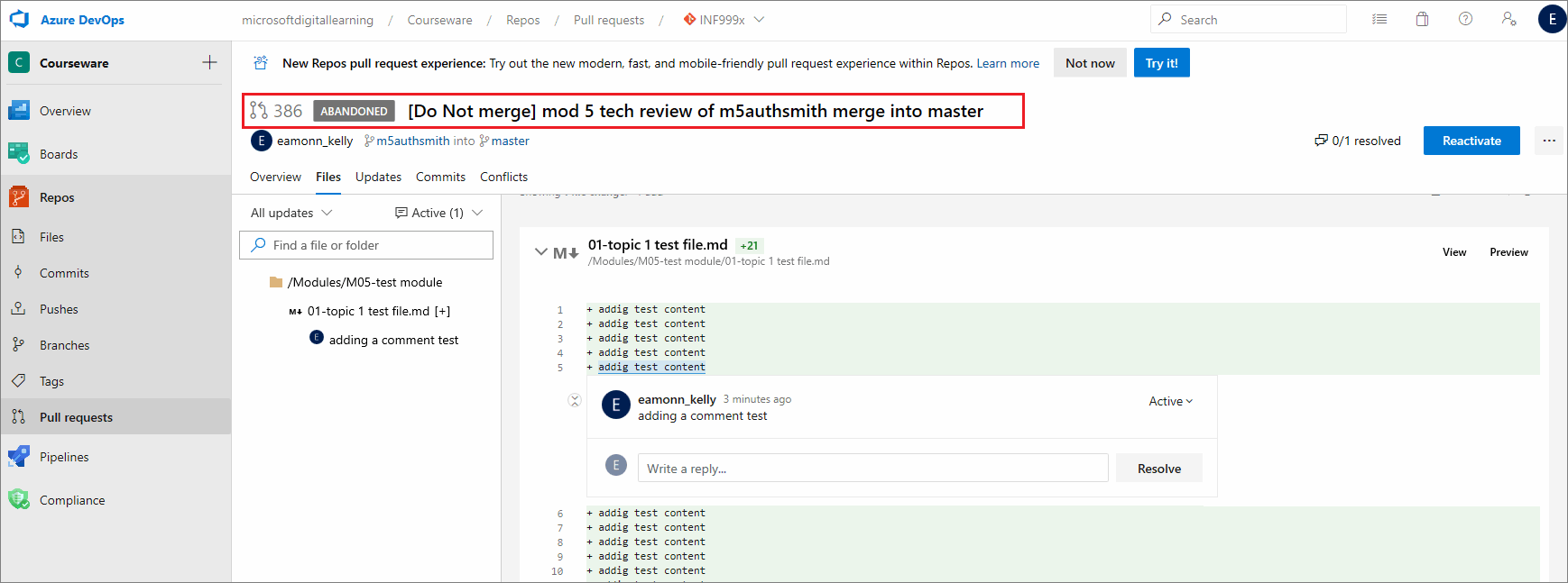 Example abandoned pull request on Azure DevOps