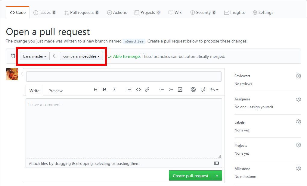 Base and compare branch dropdowns for configuring a GitHub pull request