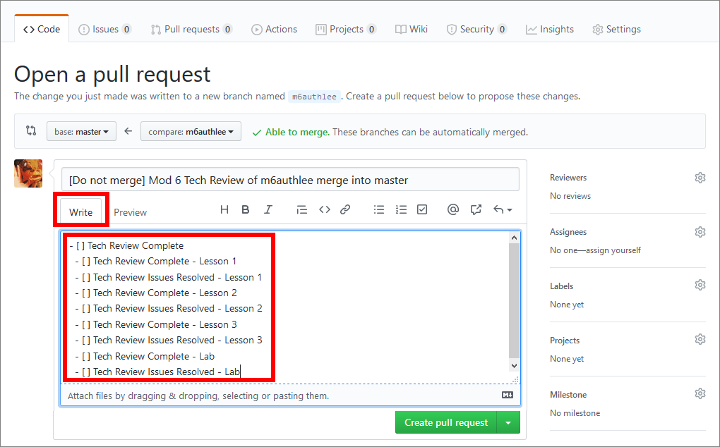 Checklist for each item in the file to be reviewed inside the Write tab of the GitHub page 'Open a pull request'