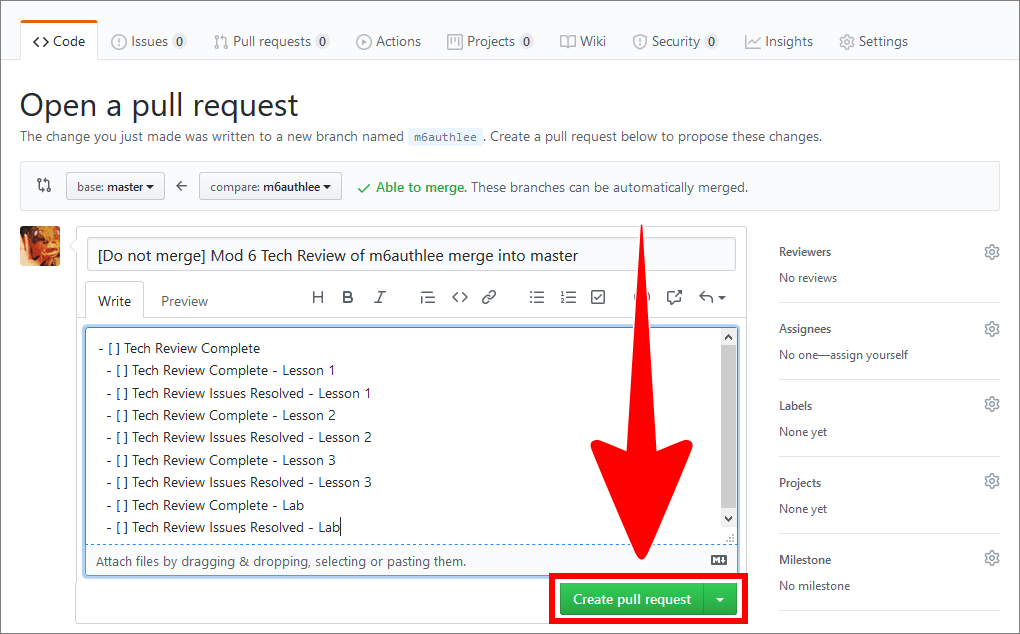 Create pull request button on the GitHub page 'Open a pull request'