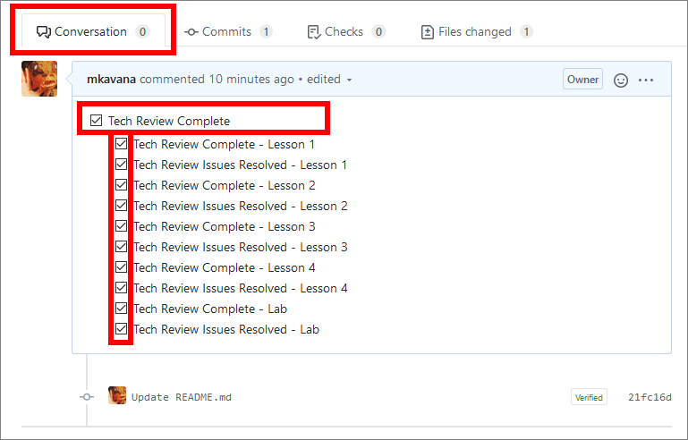 Checkbox indicating that the full technical review has been completed successfully, in the pull request 'Conversation' tab on GitHub