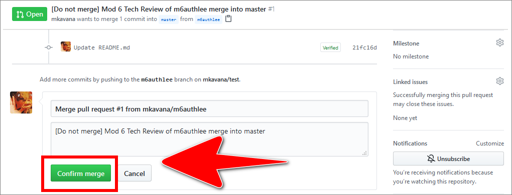 Confirm merge button for merging the originating branch into the master branch on GitHub