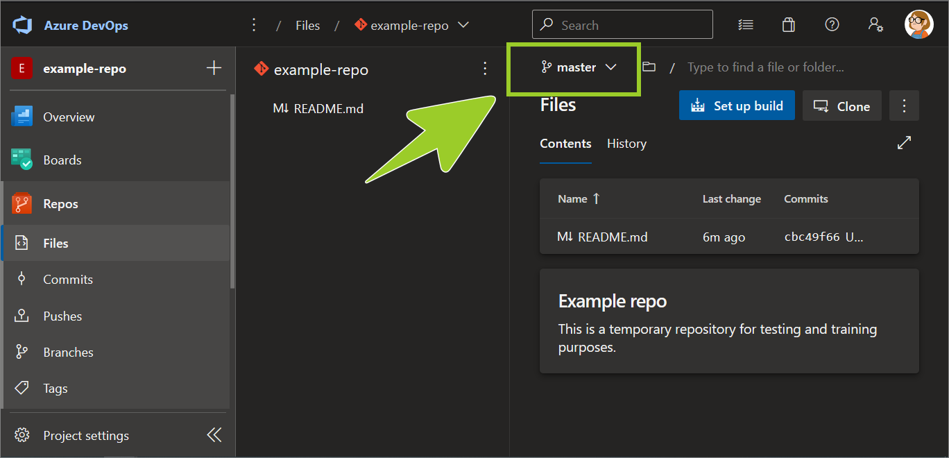Example AzDevOps repo with the 'branch dropdown' set to the 'master' branch