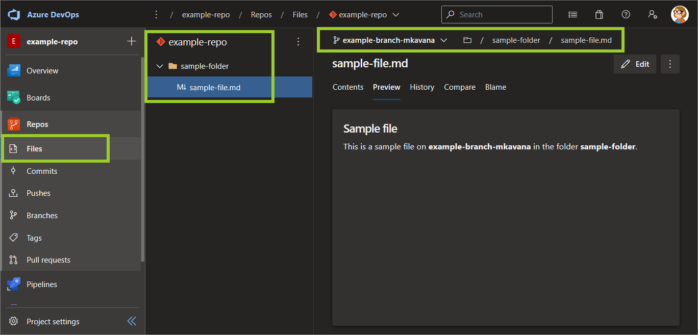 Example AzDevOps repo with branch name and filepath