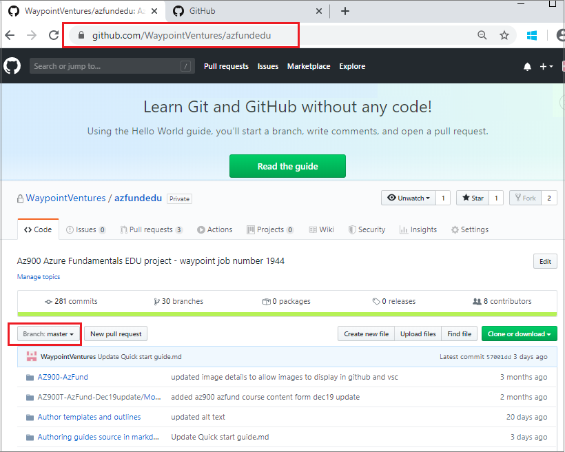 example github repo webpage with highlighted branch menu button