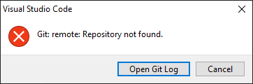 Example of the error 'Repository not found' in VSC