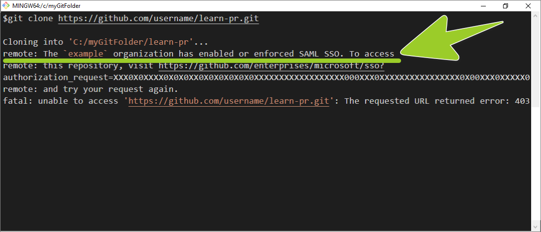 Example of the error 'Enabled or enforced SAML SSO' in a Bash Shell