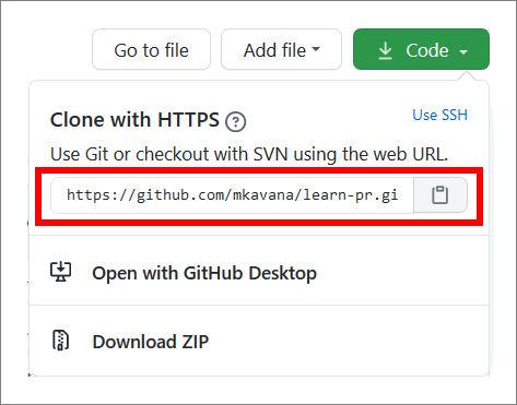 Sample URL used for cloning, in an example GitHub repo