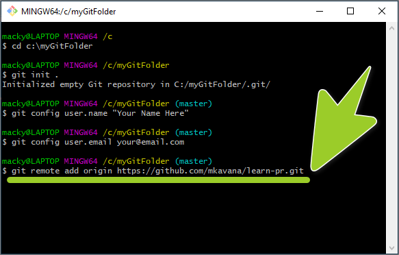 Bash shell running the Git 'add remote' command