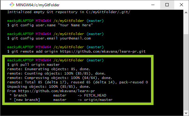 Bash shell running the Git 'pull remote' command