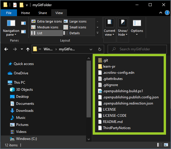 Contents of an example Git repo in Windows Explorer