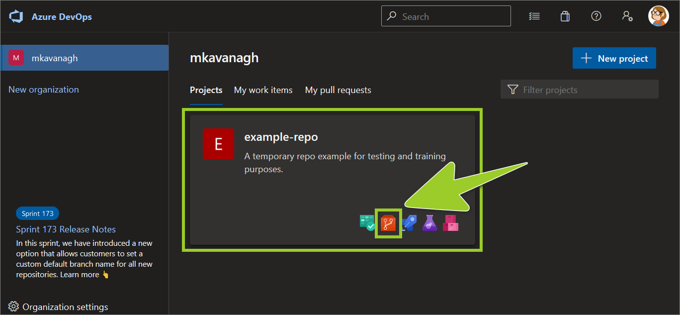 Example AzDevOps repo project with the 'Repos' icon selected